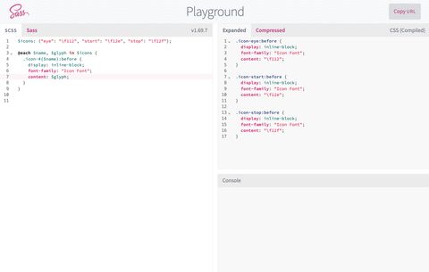 A screenshot of the Sass playground web app.