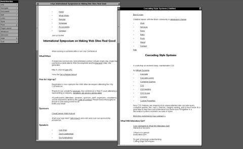 Two websites loaded on
the WWW Hypermedia Browser,
using the emulator hosted by Remy Sharp --
our workshop page, and the 11ty symposium site --
both rendered as plain text
