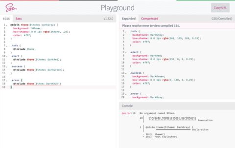 a Sass editor showing code input, compilation and error reporting