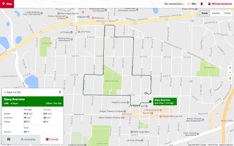 Full-screen map of a bike ride path, along with ride metrics